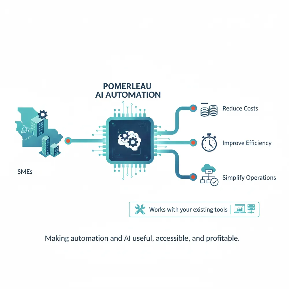 Diagram: AI connects your business to three results (lower costs, better efficiency, simpler operations) using the tools you already have
